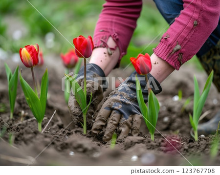 Gardener Planting Red Tulips in Soil With Gloves During Springtime 123767708