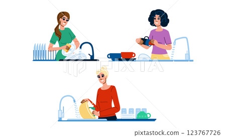 cleaning washing dishes mother vector 123767726