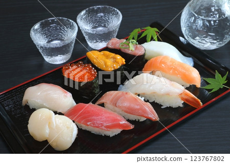 Nigiri sushi and cold sake Nigiri sushi and cold sake 123767802