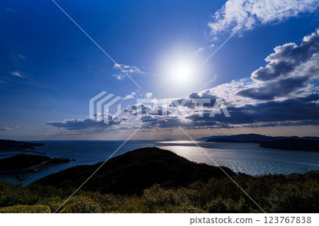 Early spring in the Kitan Straits. Ships passing by, clouds drifting by, and a beautiful sunset. Before sunset. Early spring in the Kitan Straits. Ships passing by, clouds drifting by, and a beautiful sunset. Before sunset. 123767838