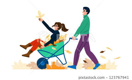 autumn leaves wheelbarrow couple vector 123767941