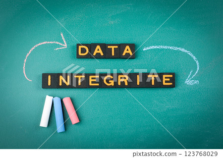 Data Integrity Concept with Arrows and Chalkboard Background 123768029