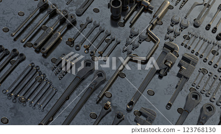 The Tool on metal plate for Background concept 3d Rendering. The Tool on metal plate for Background concept 3d Rendering. 123768130