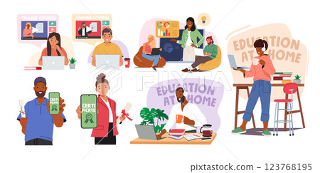 Diverse people characters using education at home responsibilities enjoying online studying 123768195