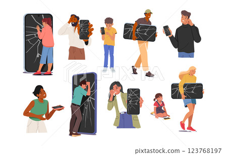 Upset stressed people diverse cartoon characters with broken mobile phones screens isolated set 123768197