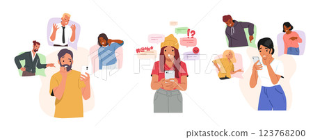 Scared people diverse smartphone users suffering from cyber abuse and afraid of social opinion Scared people diverse smartphone users suffering from cyber abuse and afraid of social opinion 123768200