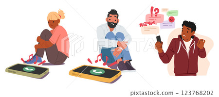 Scared people cartoon characters feeling fear to speak with people by smartphone isolated set 123768202