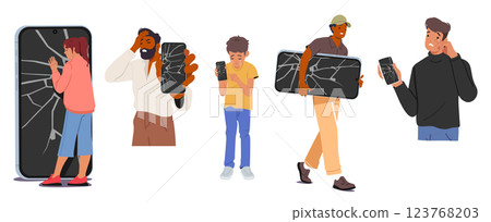 Adults and children cartoon characters with broken smartphone damaged digital screen isolated set 123768203