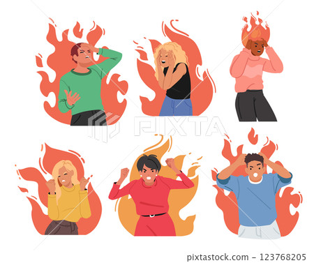 Angry people in flame shouting and screaming feeling emotional stress isolated set on white 123768205