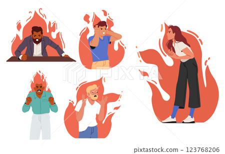 People in flame of fire quarreling during aggressive conflict or disagreement bickering and shouting 123768206