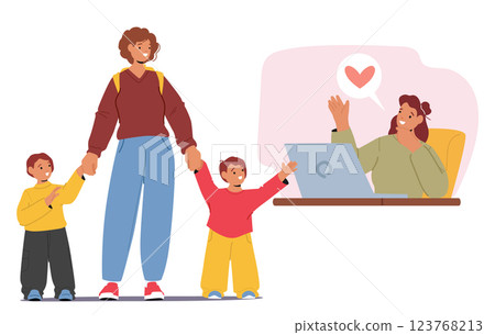Mother ordering babysitting service for children leisure activity while working online from home 123768213