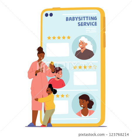 Young mother using babysitting service mobile application ordering professional help of nanny 123768214