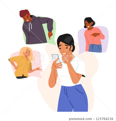 Young woman cartoon character looking at mobile phone screen afraid of people negative reactions 123768216