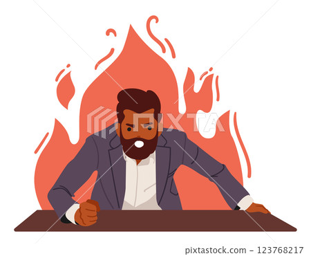 Angry businessman cartoon character burning in flame of rage hitting table with fist and yelling Angry businessman cartoon character burning in flame of rage hitting table with fist and yelling 123768217