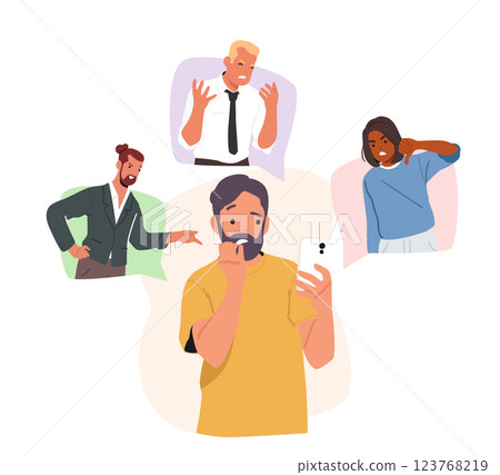 Scared man character with smartphone feeling frustrated and afraid of abusive attack of people Scared man character with smartphone feeling frustrated and afraid of abusive attack of people 123768219
