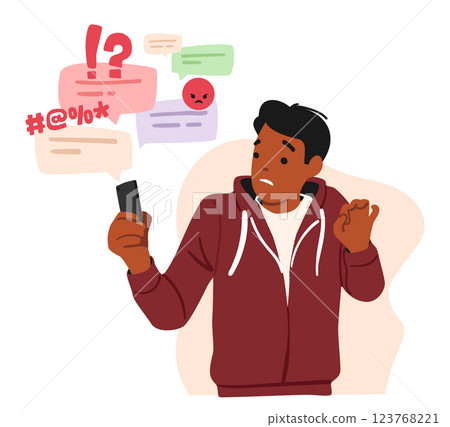 Scared teenage boy cartoon character feeling stress and panic reading bad comments in social media Scared teenage boy cartoon character feeling stress and panic reading bad comments in social media 123768221