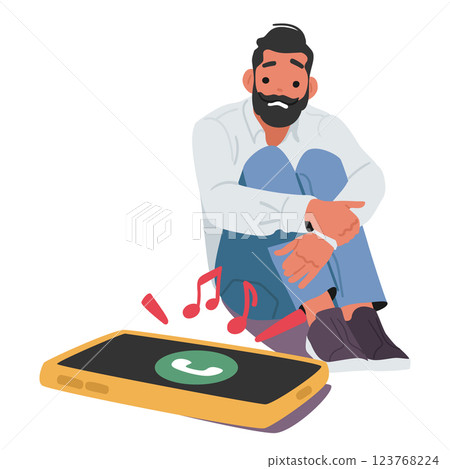Scared man cartoon character in panic looking at smartphone with ringing call feeling fear to answer Scared man cartoon character in panic looking at smartphone with ringing call feeling fear to answer 123768224