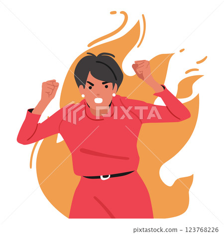 Furious businesswoman character ready to fight with clenched fist burning in flame of rage and anger 123768226