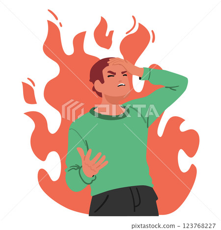 Angry frustrated man cartoon character in flame making facepalm gesture feeling fatigue and burnout Angry frustrated man cartoon character in flame making facepalm gesture feeling fatigue and burnout 123768227