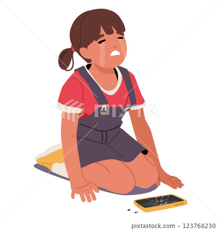 Crying girl sitting on floor front of dropped and broken smartphone feeling grief and sorrowful 123768230