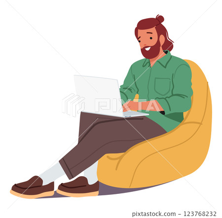 Hipster guy cartoon character with laptop sitting in soft bag studying or working on internet 123768232