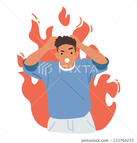 Man angry cartoon character in flame shouting showcasing rudeness reaction and aggressive behavior Man angry cartoon character in flame shouting showcasing rudeness reaction and aggressive behavior 123768233