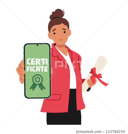 Woman cartoon character receiving distant certification after finishing online course in smartphone 123768234