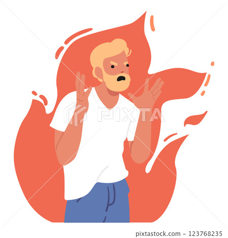 Fatigue angry mad bearded man cartoon character in flame shouting isolated on white background Fatigue angry mad bearded man cartoon character in flame shouting isolated on white background 123768235