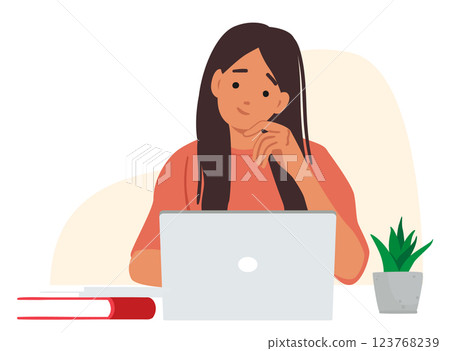 Young smart girl cartoon character enjoying online studying from laptop at cozy home space Young smart girl cartoon character enjoying online studying from laptop at cozy home space 123768239