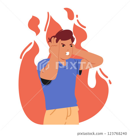 Mad angry man cartoon character burning in flame of fury touching head with hands isolated on white Mad angry man cartoon character burning in flame of fury touching head with hands isolated on white 123768240