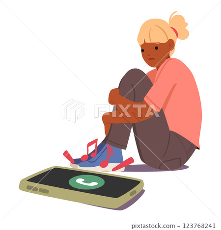Teen girl cartoon character feeling stress and panic looking at calling smartphone isolated on white Teen girl cartoon character feeling stress and panic looking at calling smartphone isolated on white 123768241