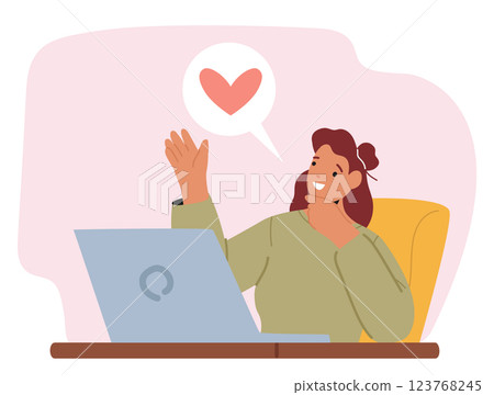Young busy mother cartoon character using laptop computer working online from home scene 123768245