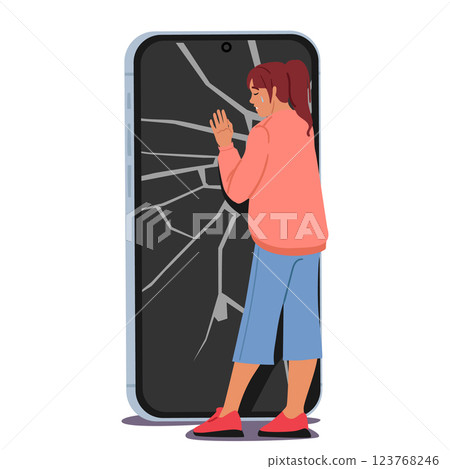 Sad woman cartoon character crying standing nearby huge smartphone device with broken display 123768246
