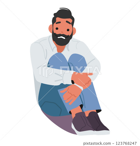 Scared man cartoon character on floor feeling fear suffering from phobia attack isolated on white 123768247