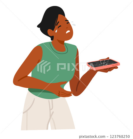 Crying woman cartoon character in panic holding broken mobile phone feeling upset and grief Crying woman cartoon character in panic holding broken mobile phone feeling upset and grief 123768250