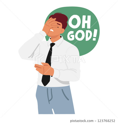 Young businessman cartoon character feeling despair making facepalm gesture due to business problem 123768252