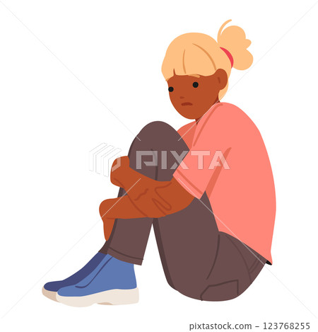 Young woman cartoon character sitting on floor feeling stress, panic and fear isolated on white 123768255