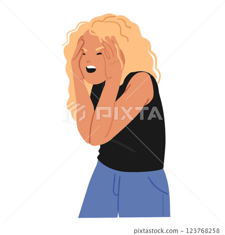 Young woman cartoon character yelling covering head with hands feeling abnormal despair emotions Young woman cartoon character yelling covering head with hands feeling abnormal despair emotions 123768258