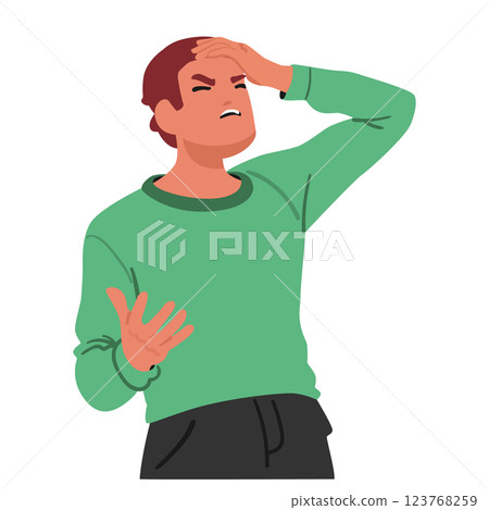 Nervous man cartoon character making facepalm gesture covering forehead with hand feeling anger Nervous man cartoon character making facepalm gesture covering forehead with hand feeling anger 123768259