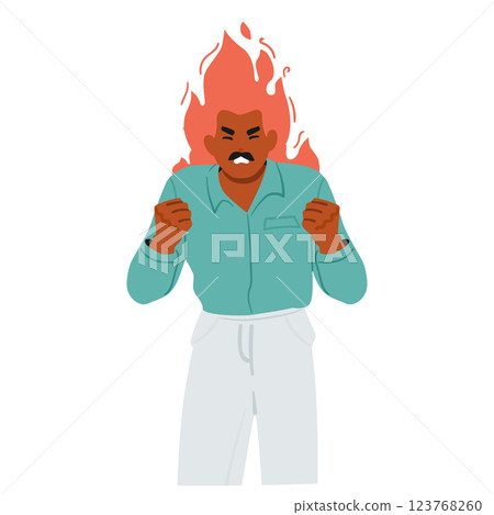 Crazy mature man cartoon character with burning head feeling rage and anger isolated on white 123768260