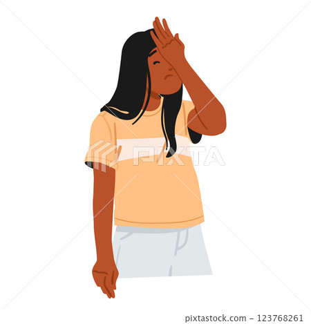 Teenage girl cartoon character in stress feeling blame making facepalm gesture isolated on white Teenage girl cartoon character in stress feeling blame making facepalm gesture isolated on white 123768261