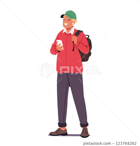 Senior man travel blogger character with smartphone making content isolated on white background 123768262