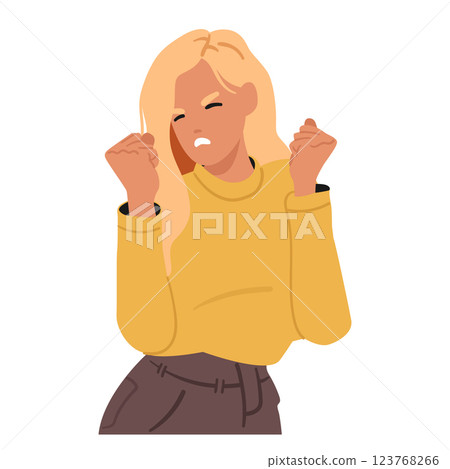 Young stylish woman character feeling anger clenching fist containing displeasure and annoyance Young stylish woman character feeling anger clenching fist containing displeasure and annoyance 123768266