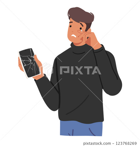 Man cartoon character crying feeling negative emotion due to damaged smartphone isolated on white Man cartoon character crying feeling negative emotion due to damaged smartphone isolated on white 123768269