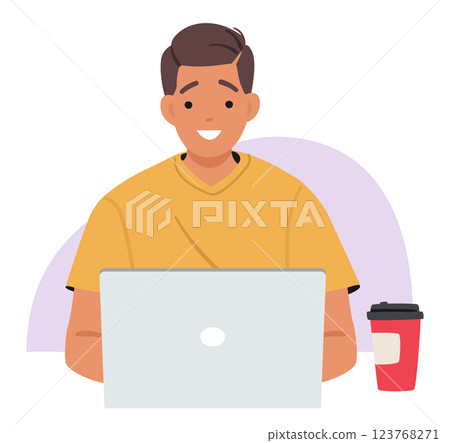 Man student cartoon character studying online doing homework through education platform on laptop 123768271