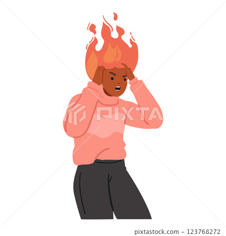 Mad furious woman cartoon character holding burning head in flame feeling desperate emotions Mad furious woman cartoon character holding burning head in flame feeling desperate emotions 123768272