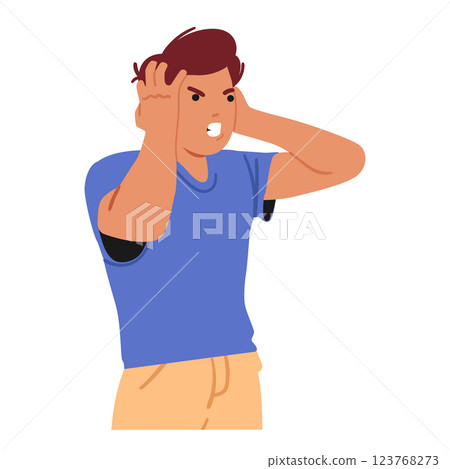 Aggressive young man cartoon character holding head in hands trying to contain rage and anger 123768273