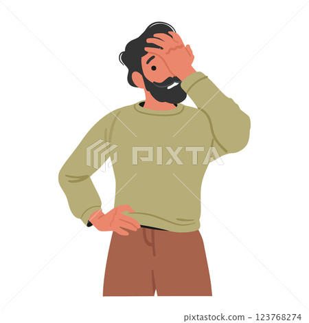 Bearded man cartoon character covering face with hand making facepalm gesture feeling troubled 123768274