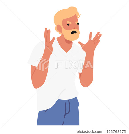Stylish mature man cartoon character expressing aggression, rage and hate shouting gesturing arms 123768275
