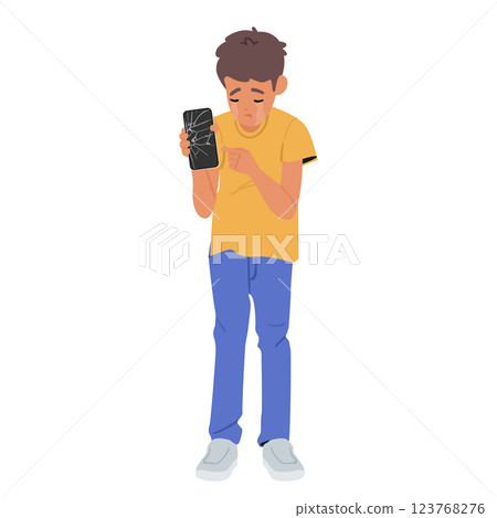 Unhappy ashamed boy child cartoon character showing fractured mobile phone screen isolated on white 123768276